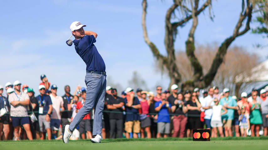 ORLANDO, FLORIDA - MARCH 10: Harris English of the United States hits a tee shot on the 15th hole during the final round of the Arnold Palmer Invitational presented by Mastercard at Arnold Palmer Bay Hill Golf Course on March 10, 2024 in Orlando, Florida. (Photo by Mike Ehrmann/Getty Images)