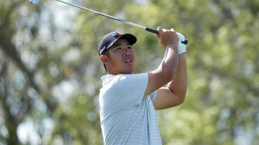 ORLANDO, FLORIDA - MARCH 08: Byeong Hun An of South Korea hits a tee shot on the seventh hole during the second round of the Arnold Palmer Invitational presented by Mastercard at Arnold Palmer Bay Hill Golf Course on March 08, 2024 in Orlando, Florida. (Photo by Cliff Hawkins/Getty Images)