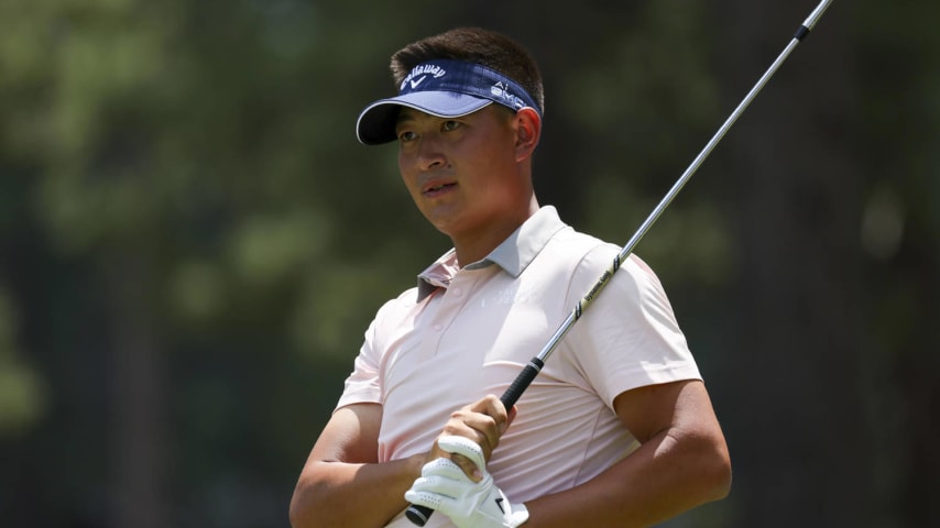 TRUCKEE, CALIFORNIA - JULY 19: Carl Yuan of China hits a tee shot on the 16th hole during the second round of the Barracuda Championship at the Old Greenwood course at Tahoe Mountain Club on July 19, 2024 in Truckee, California. (Photo by Isaiah Vazquez/Getty Images)