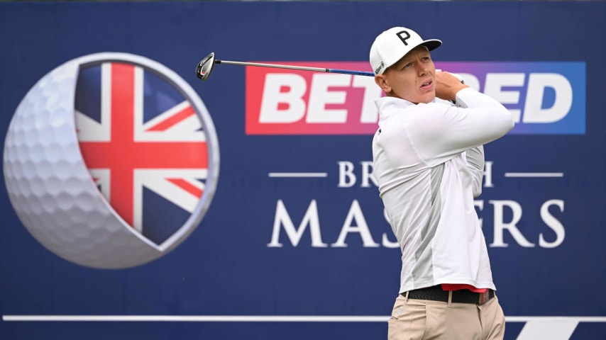 SUTTON COLDFIELD, ENGLAND - MAY 06: Matti Schmid of Germany tees off on the sixth hole during the second round of the Betfred British Masters hosted by Danny Willett at The Belfry on May 06, 2022 in Sutton Coldfield, England. (Photo by Ross Kinnaird/Getty Images)
