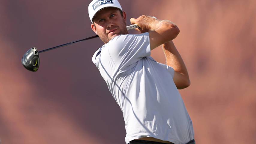 ST GEORGE, UTAH - OCTOBER 10: Harris English of the United States plays his shot from the 11th tee during the first round of the Black Desert Championship 2024 at Black Desert Resort on October 10, 2024 in St George, Utah. (Photo by Christian Petersen/Getty Images)