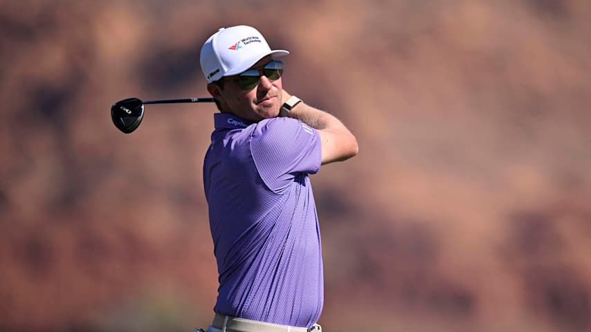 ST GEORGE, UTAH - OCTOBER 12: Ben Griffin of the United States plays his shot from the fourth tee during the third round of the Black Desert Championship 2024 at Black Desert Resort on October 12, 2024 in St George, Utah. (Photo by Orlando Ramirez/Getty Images)