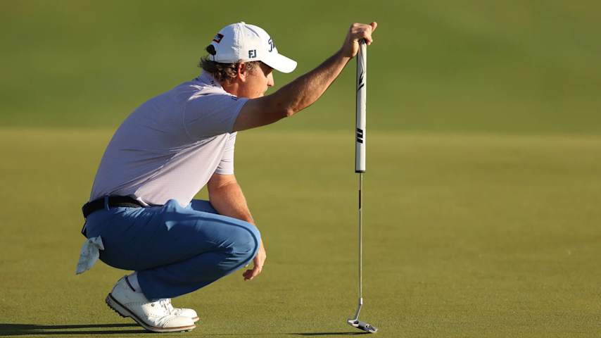 ST GEORGE, UTAH - OCTOBER 11: Bud Cauley of the United States lines up a putt on the first green during the second round of the Black Desert Championship 2024 at Black Desert Resort on October 11, 2024 in St George, Utah. (Photo by Christian Petersen/Getty Images)