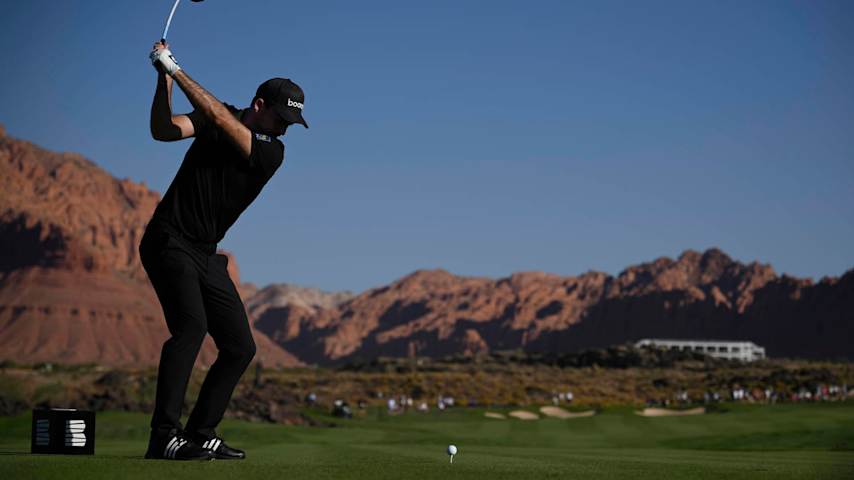 ST GEORGE, UTAH - OCTOBER 11: Nick Taylor of Canada plays his shot from the 14th tee during the second round of the Black Desert Championship 2024 at Black Desert Resort on October 11, 2024 in St George, Utah. (Photo by Orlando Ramirez/Getty Images)