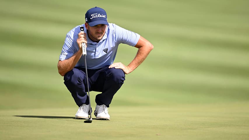 ST GEORGE, UTAH - OCTOBER 11: Lee Hodges of the United States lines up a putt on the tenth green during the second round of the Black Desert Championship 2024 at Black Desert Resort on October 11, 2024 in St George, Utah. (Photo by Orlando Ramirez/Getty Images)