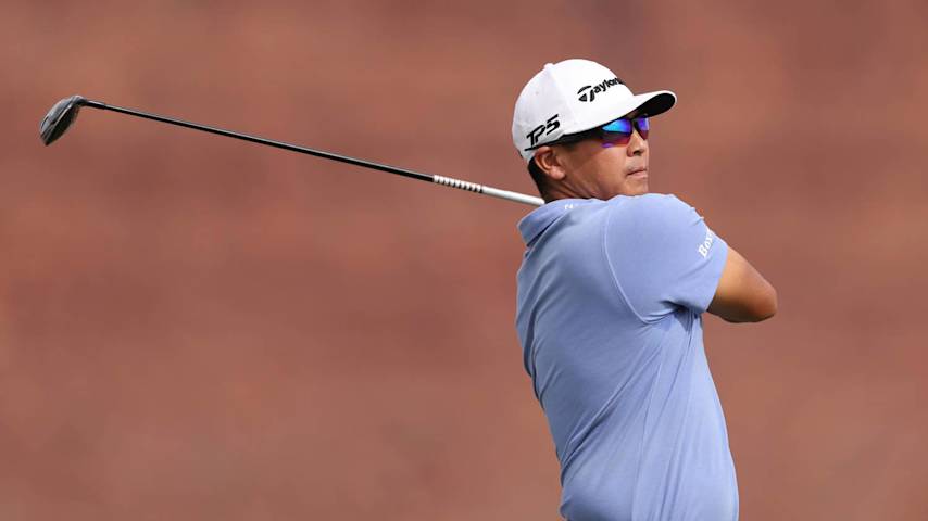 ST GEORGE, UTAH - OCTOBER 11: Kurt Kitayama of the United States plays his shot from the fourth tee during the second round of the Black Desert Championship 2024 at Black Desert Resort on October 11, 2024 in St George, Utah. (Photo by Christian Petersen/Getty Images)