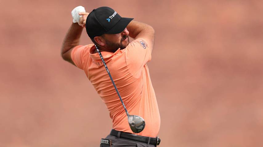 ST GEORGE, UTAH - OCTOBER 11: Stephan Jaeger of Germany plays his shot from the fourth tee during the second round of the Black Desert Championship 2024 at Black Desert Resort on October 11, 2024 in St George, Utah. (Photo by Christian Petersen/Getty Images)