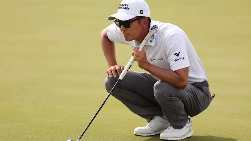 ST GEORGE, UTAH - OCTOBER 11: Michael Kim of the United States lines up a putt on the seventh green during the second round of the Black Desert Championship 2024 at Black Desert Resort on October 11, 2024 in St George, Utah. (Photo by Christian Petersen/Getty Images)