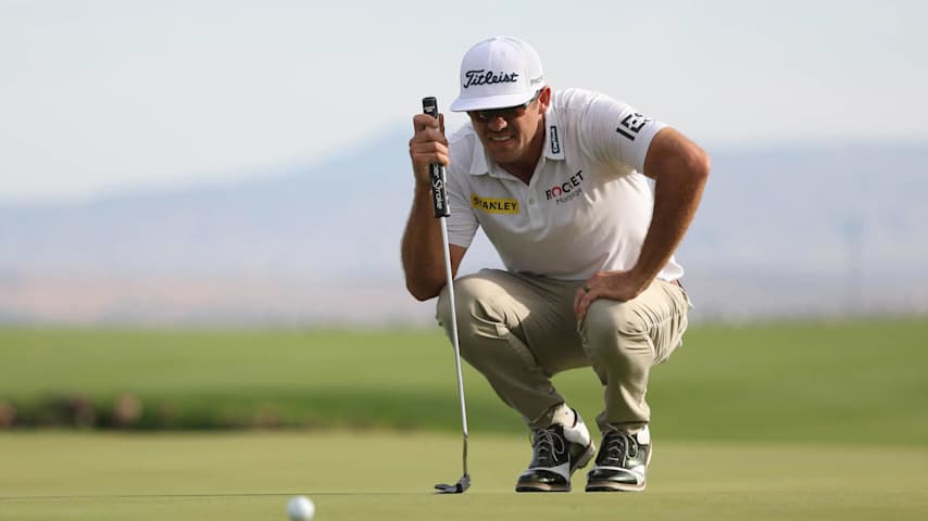 ST GEORGE, UTAH - OCTOBER 11: Lanto Griffin of the United States lines up a putt on the ninth green during the second round of the Black Desert Championship 2024 at Black Desert Resort on October 11, 2024 in St George, Utah. (Photo by Christian Petersen/Getty Images)