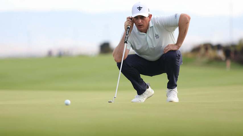ST GEORGE, UTAH - OCTOBER 11: Henrik Norlander of Sweden lines up a putt on the ninth green during the second round of the Black Desert Championship 2024 at Black Desert Resort on October 11, 2024 in St George, Utah. (Photo by Christian Petersen/Getty Images)