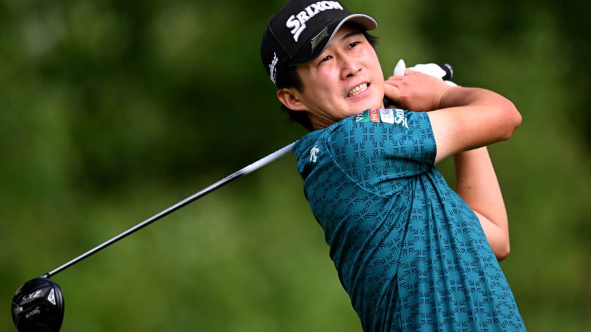 MUNICH, GERMANY - JULY 04: Keita Nakajima of Japan plays his tee shot on the 14th hole during day one of the BMW International Open at Golfclub Munchen Eichenried on July 04, 2024 in Munich, Germany. (Photo by Stuart Franklin/Getty Images)