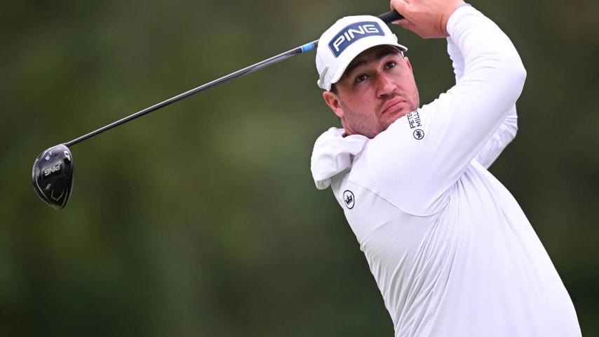 MUNICH, GERMANY - JULY 05: Thriston Lawrence of South Africa tees off on the 11th hole during day two of the BMW International Open at Golfclub Munchen Eichenried on July 05, 2024 in Munich, Germany. (Photo by Stuart Franklin/Getty Images)