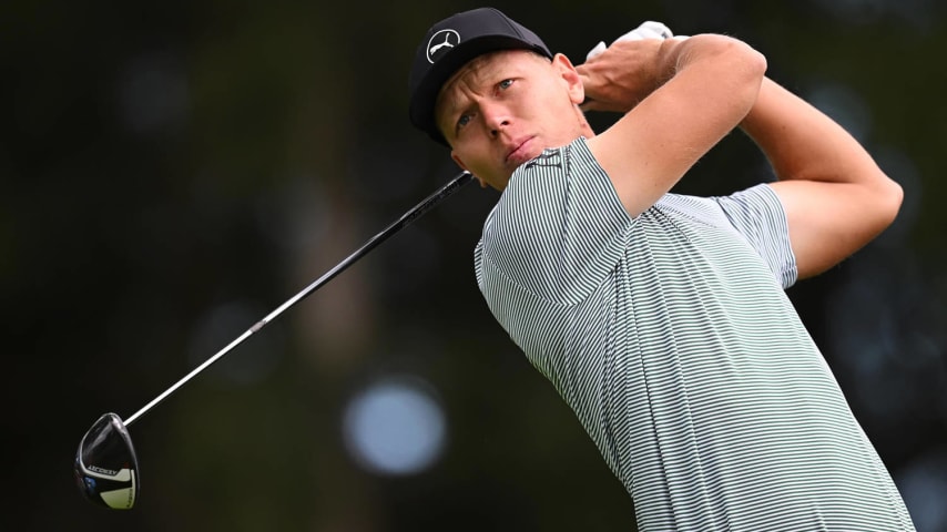 MUNICH, GERMANY - JULY 05: Matti Schmid of Germany tees off on the 13th hole during day two of the BMW International Open at Golfclub Munchen Eichenried on July 05, 2024 in Munich, Germany. (Photo by Stuart Franklin/Getty Images)