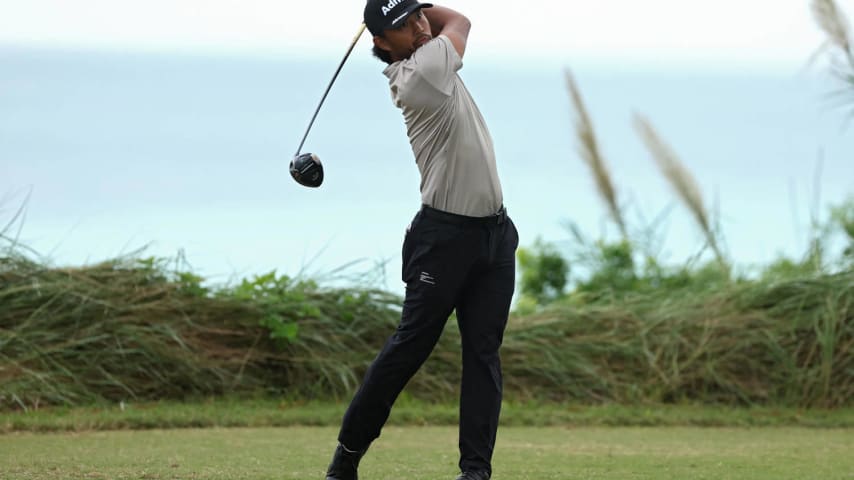 SOUTHAMPTON, BERMUDA - NOVEMBER 12: Satoshi Kodaira of Japan plays his shot from the ninth tee during the final round of the Butterfield Bermuda Championship at Port Royal Golf Course on November 12, 2023 in Southampton, Bermuda. (Photo by Gregory Shamus/Getty Images)