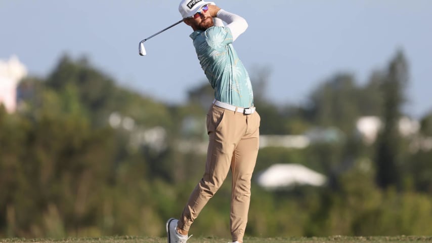 SOUTHAMPTON, BERMUDA - NOVEMBER 09: Tano Goya of Argentina hits a tee shot on the tenth hole during the first round of the Butterfield Bermuda Championship at Port Royal Golf Course on November 09, 2023 in Southampton, Bermuda. (Photo by Marianna Massey/Getty Images)