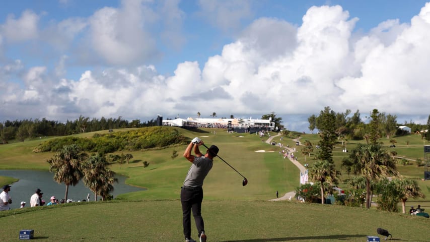SOUTHAMPTON, BERMUDA - NOVEMBER 11: Ryan Brehm of the United States plays his shot from the 16th tee during the third round of the Butterfield Bermuda Championship at Port Royal Golf Course on November 11, 2023 in Southampton, Bermuda. (Photo by Marianna Massey/Getty Images)
