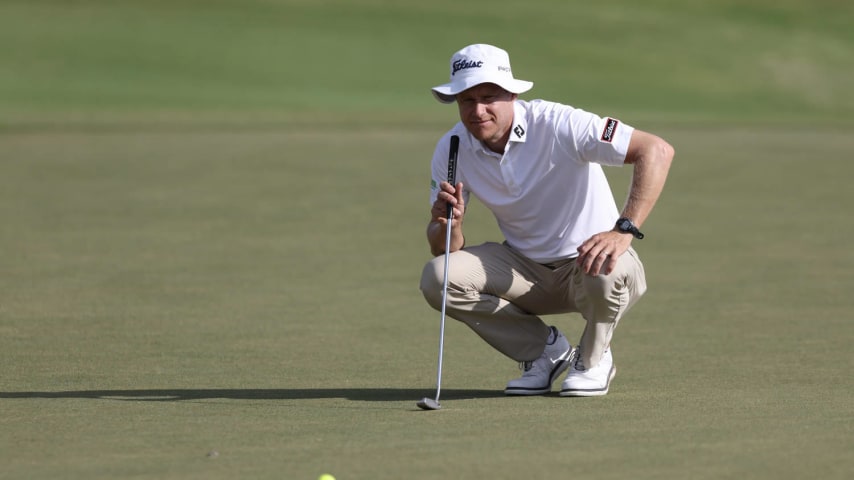 SOUTHAMPTON, BERMUDA - NOVEMBER 10: Peter Malnati of the United States lines up a putt on the third green during the second round of the Butterfield Bermuda Championship at Port Royal Golf Course on November 10, 2023 in Southampton, Bermuda. (Photo by Marianna Massey/Getty Images)