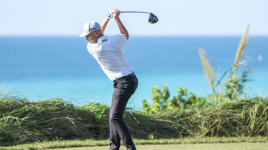 SOUTHAMPTON, BERMUDA - NOVEMBER 10: Matthias Schwab of Austria hits a tee shot on the ninth hole during the second round of the Butterfield Bermuda Championship at Port Royal Golf Course on November 10, 2023 in Southampton, Bermuda. (Photo by Gregory Shamus/Getty Images)