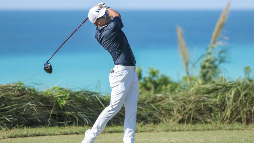 SOUTHAMPTON, BERMUDA - NOVEMBER 10: C.T. Pan of Taiwan hits a tee shot on the ninth hole during the second round of the Butterfield Bermuda Championship at Port Royal Golf Course on November 10, 2023 in Southampton, Bermuda. (Photo by Gregory Shamus/Getty Images)