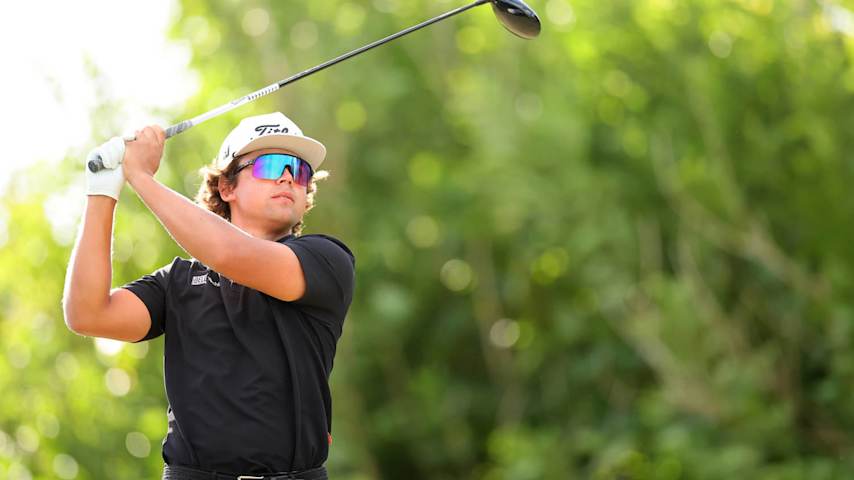 SOUTHAMPTON, BERMUDA - NOVEMBER 17: Garrick Higgo of South Africa plays his shot from the fourth tee during the final round of the Butterfield Bermuda Championship 2024 at Port Royal Golf Course on November 17, 2024 in Southampton, Bermuda. (Photo by Alex Slitz/Getty Images)