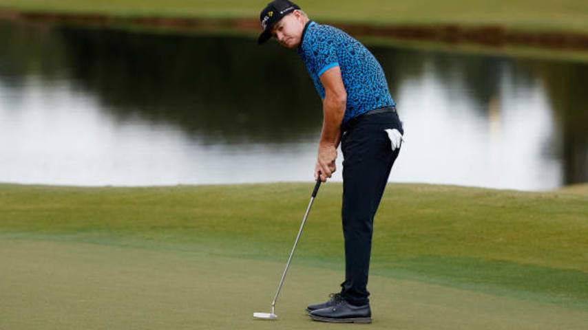 CARY, NORTH CAROLINA - OCTOBER 14: Brian Gay of the United States watches a putt on the first hole during the second round of the SAS Championship at Prestonwood Country Club on October 14, 2023 in Cary, North Carolina. (Photo by Mike Mulholland/Getty Images)