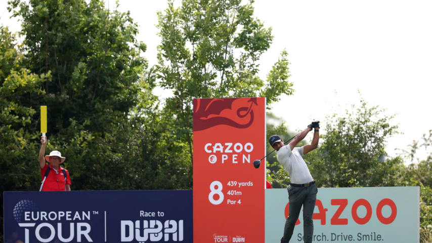 NEWPORT, WALES - JULY 23: Aaron Rai of England tees off on the eighth during Day Two of the Cazoo Open supported by Gareth Bale at Celtic Manor Resort on July 23, 2021 in Newport, Wales. (Photo by Charlie Crowhurst/Getty Images)