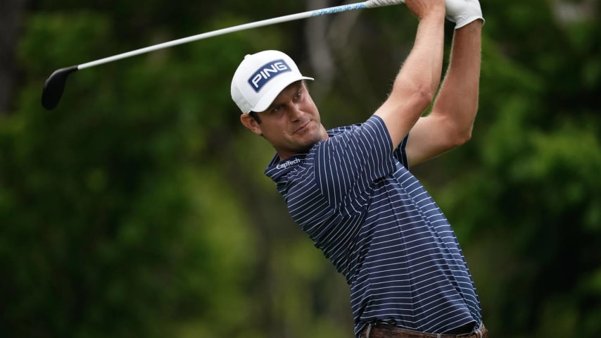 FORT WORTH, TEXAS - MAY 23: Harris English of the United States hits a tee shot on the sixth hole during the first round of the Charles Schwab Challenge at Colonial Country Club on May 23, 2024 in Fort Worth, Texas. (Photo by Sam Hodde/Getty Images)