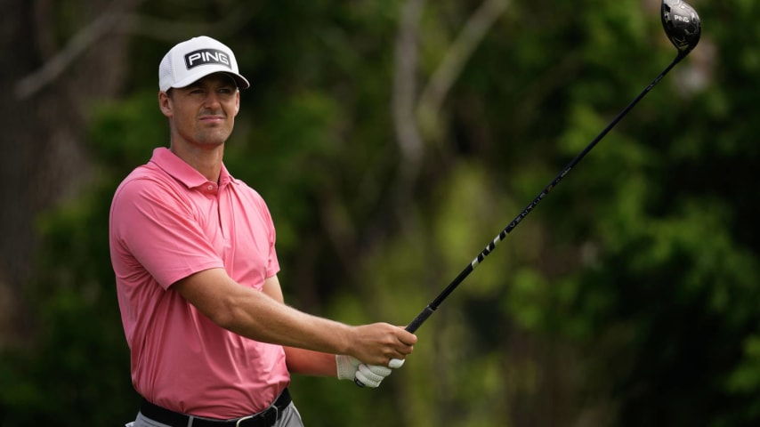 FORT WORTH, TEXAS - MAY 23: Victor Perez of France watches his shot from the sixth tee during the first round of the Charles Schwab Challenge at Colonial Country Club on May 23, 2024 in Fort Worth, Texas. (Photo by Sam Hodde/Getty Images)