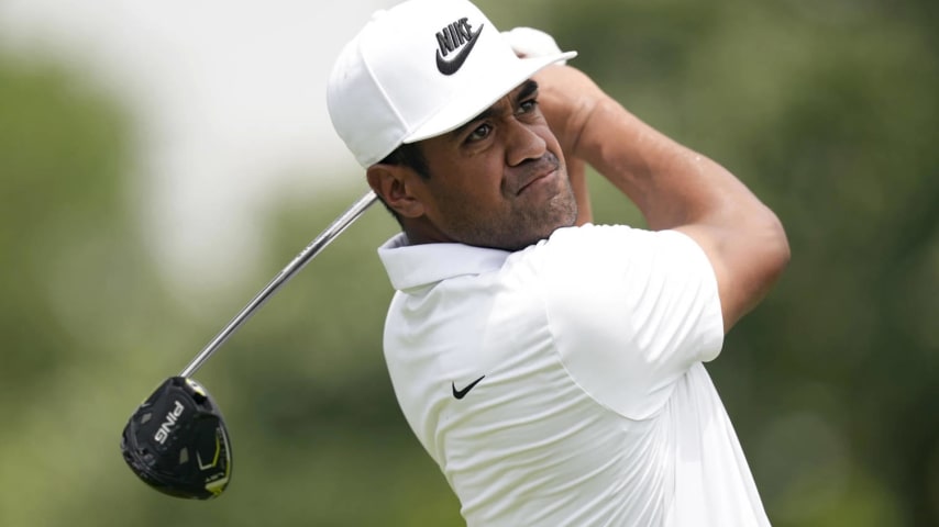 FORT WORTH, TEXAS - MAY 25: Tony Finau of the United States plays his shot from the third tee during the third round of the Charles Schwab Challenge at Colonial Country Club on May 25, 2024 in Fort Worth, Texas. (Photo by Sam Hodde/Getty Images)