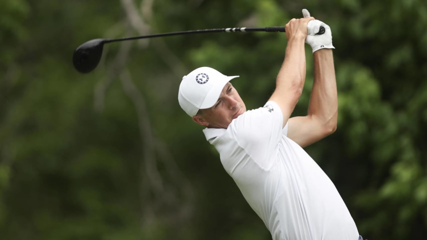 FORT WORTH, TEXAS - MAY 24: Jordan Spieth of the United States hits a tee shot on the sixth hole during the second round of the Charles Schwab Challenge at Colonial Country Club on May 24, 2024 in Fort Worth, Texas. (Photo by Tim Heitman/Getty Images)