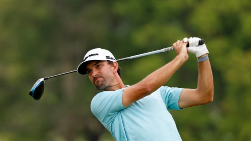 COLUMBUS, OH - AUGUST 28:  Michael Gligic of Canada hits a tee shot during the third round of the Nationwide Childrenâs Hospital Championship at The Ohio State University Golf Club on August 28, 2021 in Columbus, Ohio. (Photo by Kirk Irwin/Getty Images)