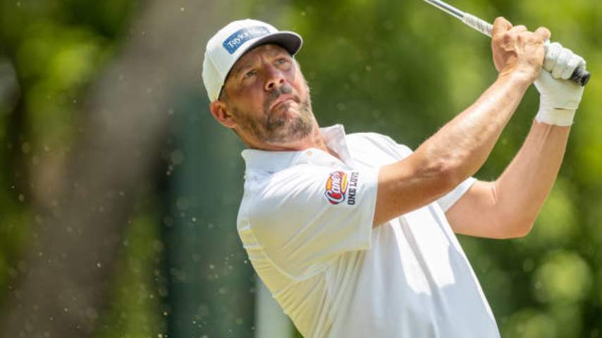 FT. WORTH, TX - MAY 26: Michael Block of the United States tees off from the eighth hole during the Second Round of the Charles Schwab Challenge at Colonial Country Club on May 26, 2023 in Ft. Worth, Texas. (Photo by Eston Parker/ISI Photos/Getty Images).