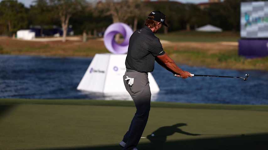 NAPLES, FLORIDA - DECEMBER 15: Jake Knapp of the United States reacts to his putt on the 18th green during the final round of the Grant Thornton Invitational 2024 at Tiburon Golf Club on December 15, 2024 in Naples, Florida. (Photo by Carmen Mandato/Getty Images)