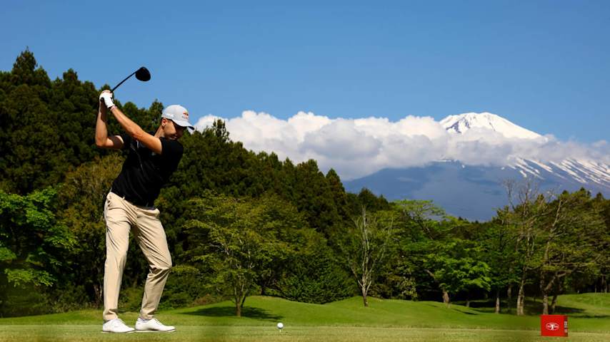 GOTEMBA, JAPAN - APRIL 28: Matthias Schwab of Austria plays his shot from the fifth tee during day four of the ISPS Handa - Championship at Taiheiyo Club Gotemba Course on April 28, 2024 in Gotemba, Shizuoka, Japan. (Photo by Yong Teck Lim/Getty Images)