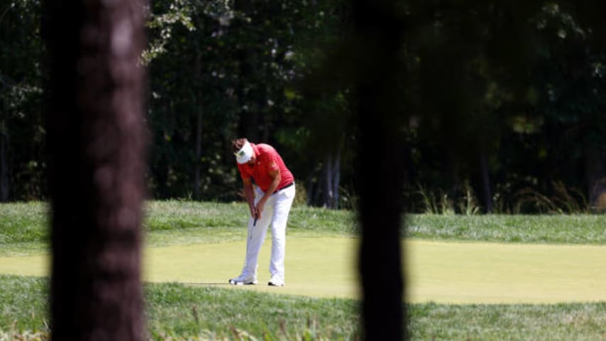 JACKSON, NEW JERSEY - AUGUST 20: Jeff Overton putts on the third green during the final round of the Magnit Championship at Metedeconk National Golf Club on August 20, 2023 in Jackson, New Jersey. (Photo by Mike Stobe/Getty Images)
