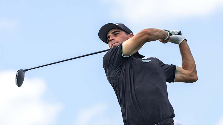 DORAL, FLORIDA - APRIL 05: Captain Joaquin Niemann of Torque GC hits his shot from the eighth tee during Day Two of LIV Golf Miami at Trump National Doral Miami on April 05, 2025 in Doral, Florida. (Photo by Lauren Sopourn/Getty Images)
