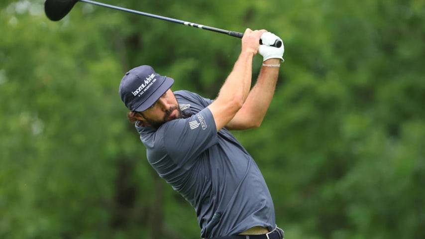 SILVIS, ILLINOIS - JULY 04: Mark Hubbard of the United States hits his tee shot on the 15th hole during the first round of the John Deere Classic at TPC Deere Run on July 04, 2024 in Silvis, Illinois. (Photo by Stacy Revere/Getty Images)