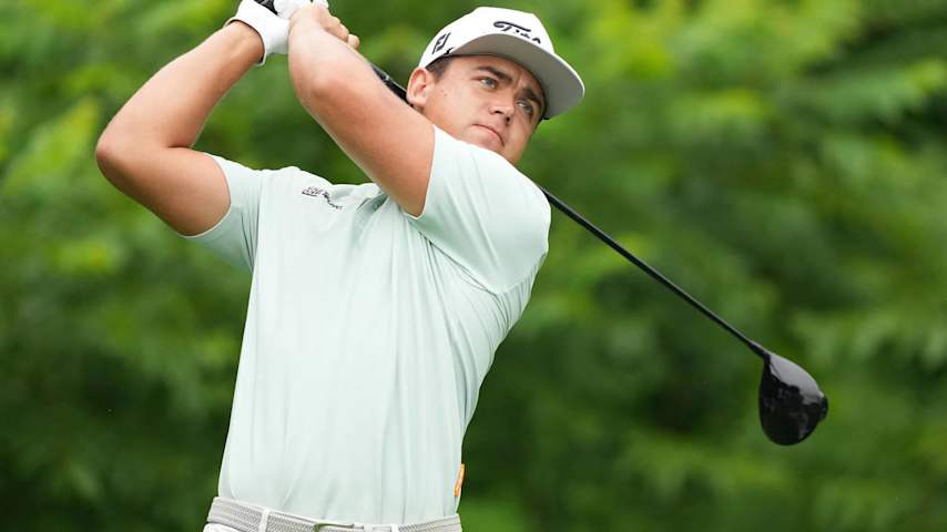 SILVIS, ILLINOIS - JULY 04: Garrick Higgo of South Africa hits his tee shot on the second hole during the first round of the John Deere Classic at TPC Deere Run on July 04, 2024 in Silvis, Illinois. (Photo by Dylan Buell/Getty Images)