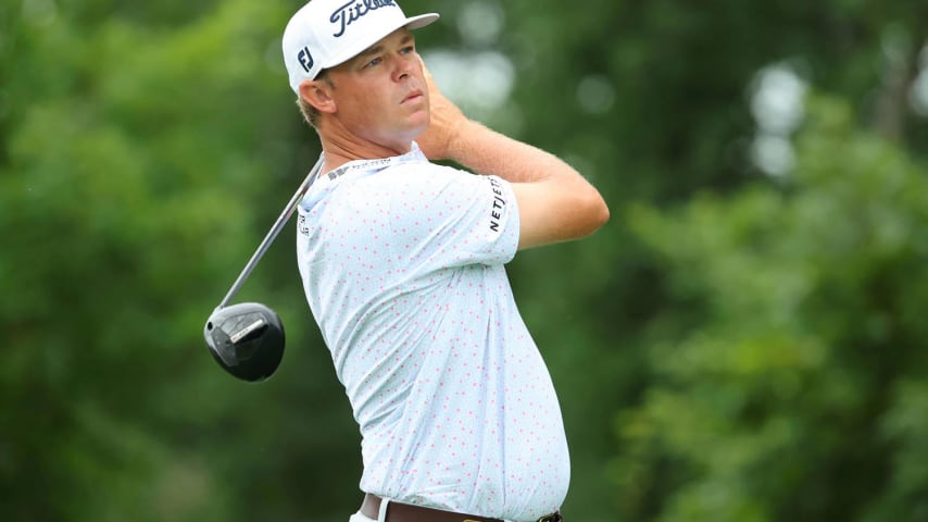 SILVIS, ILLINOIS - JULY 04: Patton Kizzire of the United States hits his tee shot on the 15th hole during the first round of the John Deere Classic at TPC Deere Run on July 04, 2024 in Silvis, Illinois. (Photo by Stacy Revere/Getty Images)