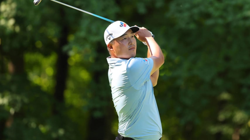 SILVIS, ILLINOIS - JULY 05: K.H. Lee of South Korea hits his tee shot on the sixth hole during the second round of the John Deere Classic at TPC Deere Run on July 05, 2024 in Silvis, Illinois. (Photo by Stacy Revere/Getty Images)