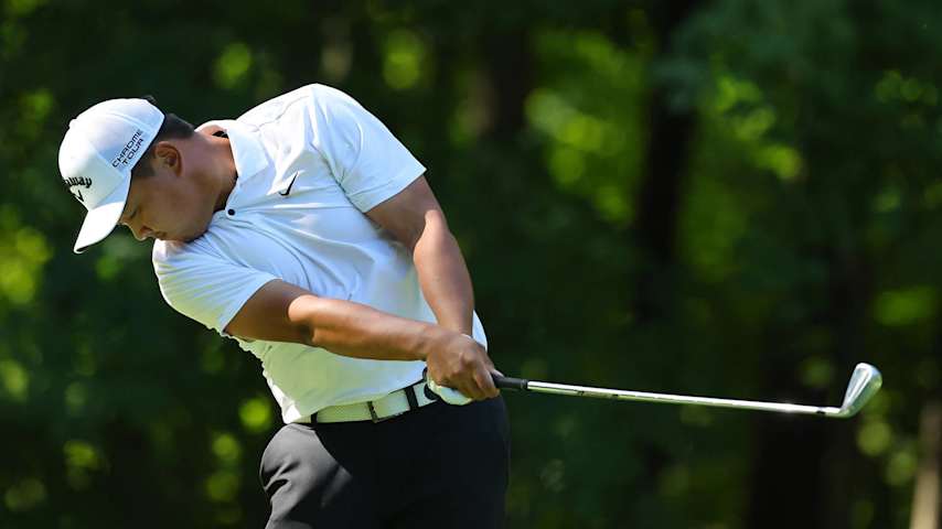 SILVIS, ILLINOIS - JULY 05: Kevin Yu of Taiwan hits his tee shot on the sixth hole during the second round of the John Deere Classic at TPC Deere Run on July 05, 2024 in Silvis, Illinois. (Photo by Stacy Revere/Getty Images)