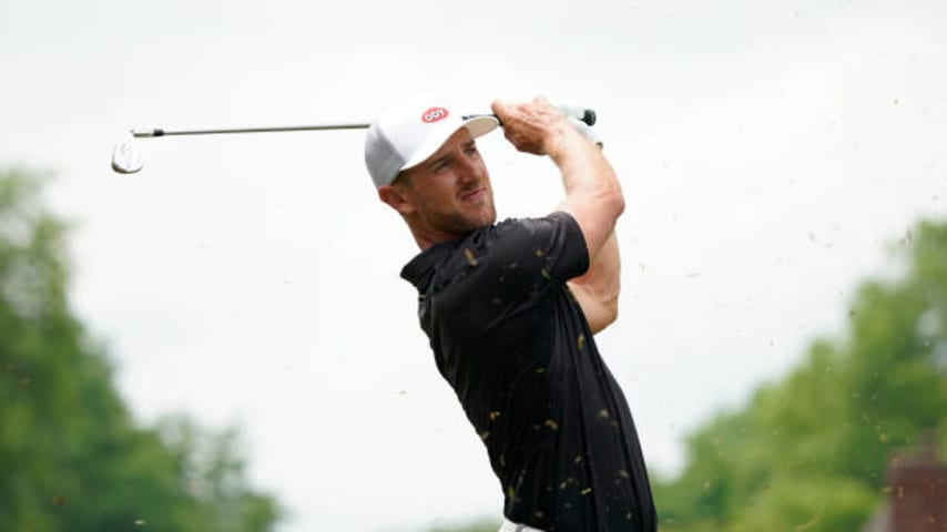 KANSAS CITY, MISSOURI - MAY 23:  Derek Ernst tees off on the 14th tee during the final round of the AdventHealth Championship at Blue Hills Country Club on May 23, 2021 in Kansas City, Missouri. (Photo by Ed Zurga/Getty Images)