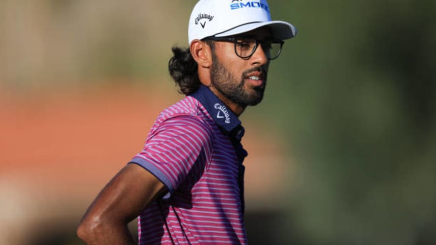 LA QUINTA, CALIFORNIA - JANUARY 18: Akshay Bhatia of the United States waits to putt on the 18th green during the first round of The American Express at La Quinta Country Club on January 18, 2024 in La Quinta, California. (Photo by Sean M. Haffey/Getty Images)