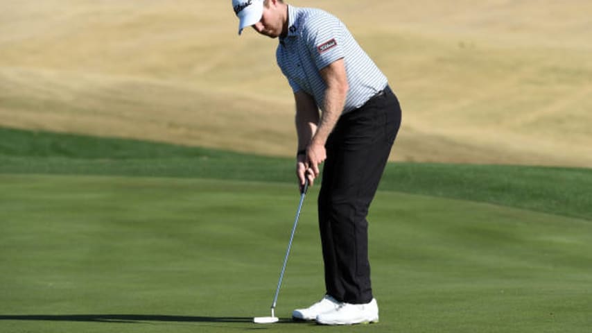 LA QUINTA, CALIFORNIA - JANUARY 16: Tyler Duncan putts on the 17th hole during the first round of The American Express tournament  at the Jack Nicklaus Tournament Course at PGA West on January 16, 2020 in La Quinta, California. (Photo by Steve Dykes/Getty Images)