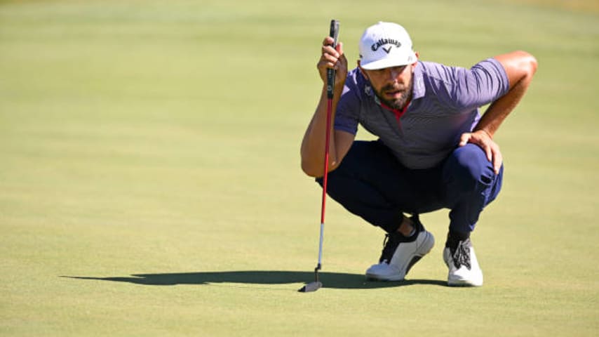 LAS VEGAS, NEVADA - OCTOBER 15: Erik van Rooyen of South Africa lines up a putt on the ninth green during the final round of the Shriners Children's Open at TPC Summerlin on October 15, 2023 in Las Vegas, Nevada. (Photo by Orlando Ramirez/Getty Images)