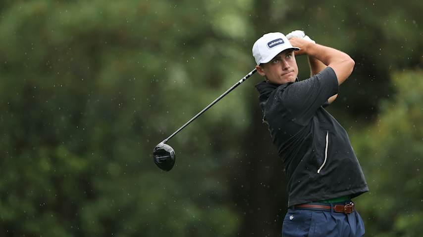 AUGUSTA, GEORGIA - APRIL 07: Ludvig Aberg of Sweden plays his shot from the 11th tee during a practice round prior to the 2025 Masters Tournament at Augusta National Golf Club on April 07, 2025 in Augusta, Georgia. (Photo by Michael Reaves/Getty Images)