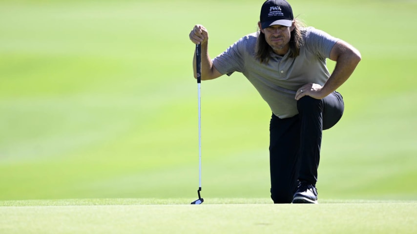 PUERTO VALLARTA, MEXICO - FEBRUARY 22: Aaron Baddeley of Australia lines up a putt on the 12th green during the first round of the Mexico Open at Vidanta at Vidanta Vallarta on February 22, 2024 in Puerto Vallarta, Jalisco. (Photo by Orlando Ramirez/Getty Images)