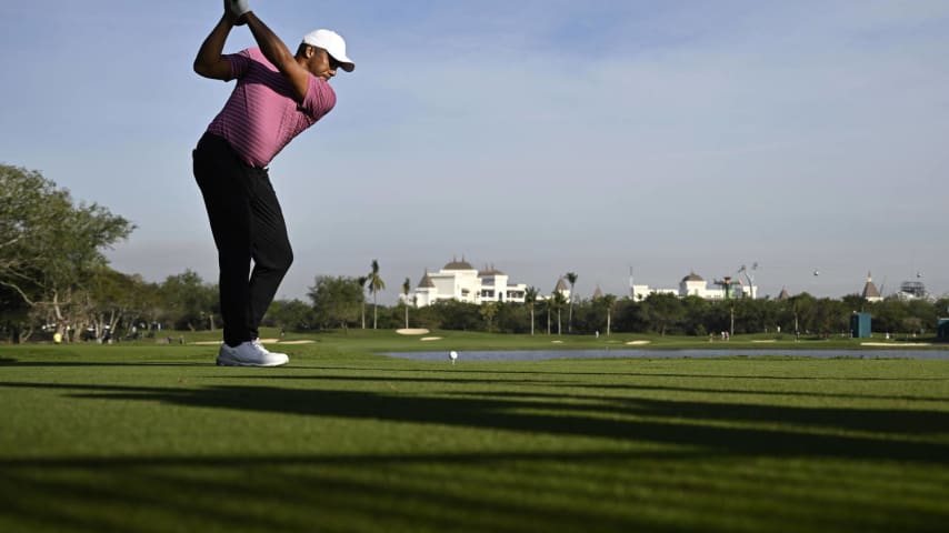 PUERTO VALLARTA, MEXICO - FEBRUARY 24: Jhonattan Vegas of Venezuela plays his shot from the first tee during the third round of the Mexico Open at Vidanta at Vidanta Vallarta on February 24, 2024 in Puerto Vallarta, Jalisco. (Photo by Orlando Ramirez/Getty Images)