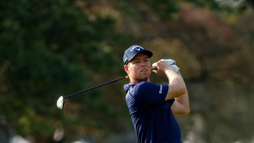 COLUMBUS, OH - AUGUST 29:  Max Greyserman of the United States hits a tee shot during the final round of the Nationwide Children’s Hospital Championship at The Ohio State University Golf Club on August 29, 2021 in Columbus, Ohio. (Photo by Kirk Irwin/Getty Images)