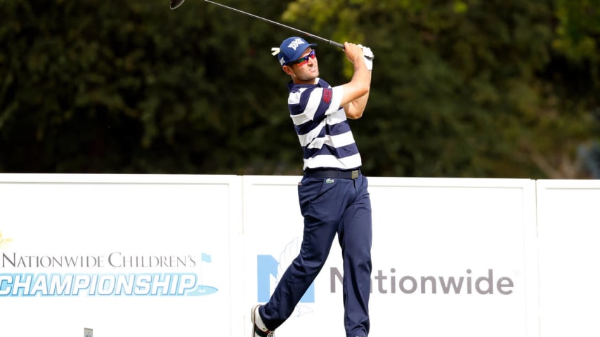 COLUMBUS, OH - AUGUST 29:  Paul Barjon of France hits a tee shot during the final round of the Nationwide Childrenâs Hospital Championship at The Ohio State University Golf Club on August 29, 2021 in Columbus, Ohio. (Photo by Kirk Irwin/Getty Images)